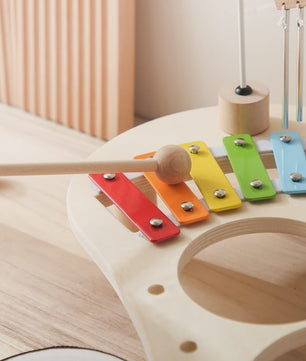 Houten Montessori Muziektafel voor Baby's & Kinderen - Xylofoon, Trommels & Windgong