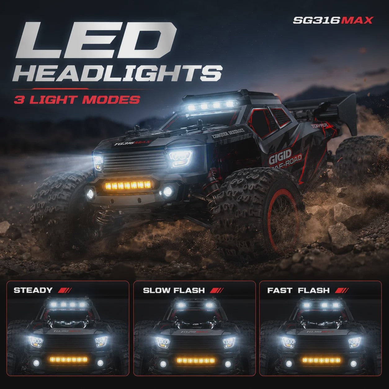 RC Crossauto 80 km/u - 1/16 4x4 Off-road Truck met LED Verlichting & 2.4G Afstandsbediening