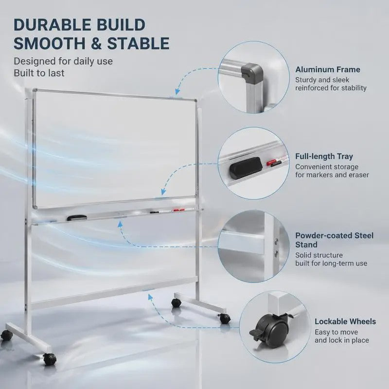 Mobiel Dubbelzijdig Magnetisch Whiteboard met Wieltjes, Pennen & Gum - 120x60cm