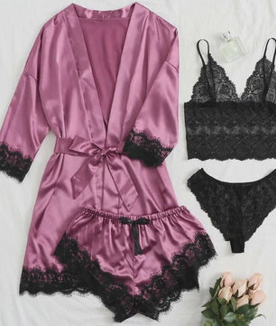 Luxe 4-delige Satin Pyjamaset met Kant - Comfortabel & Sexy