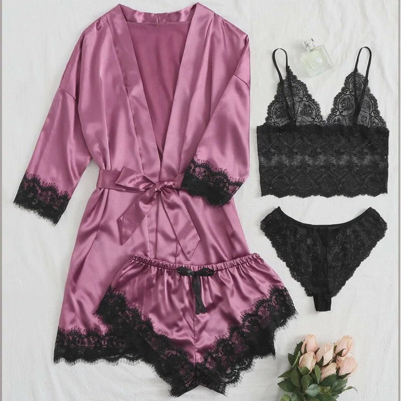 Luxe 4-delige Satin Pyjamaset met Kant - Comfortabel & Sexy