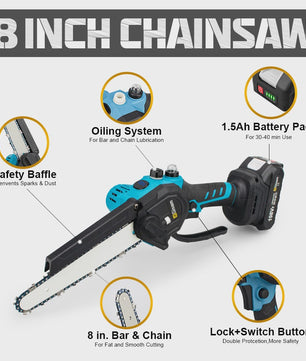 Gisam 8-Inch Snoerloze Kettingzaag - Krachtig, Borstelloos & Makita 18V Compatibel