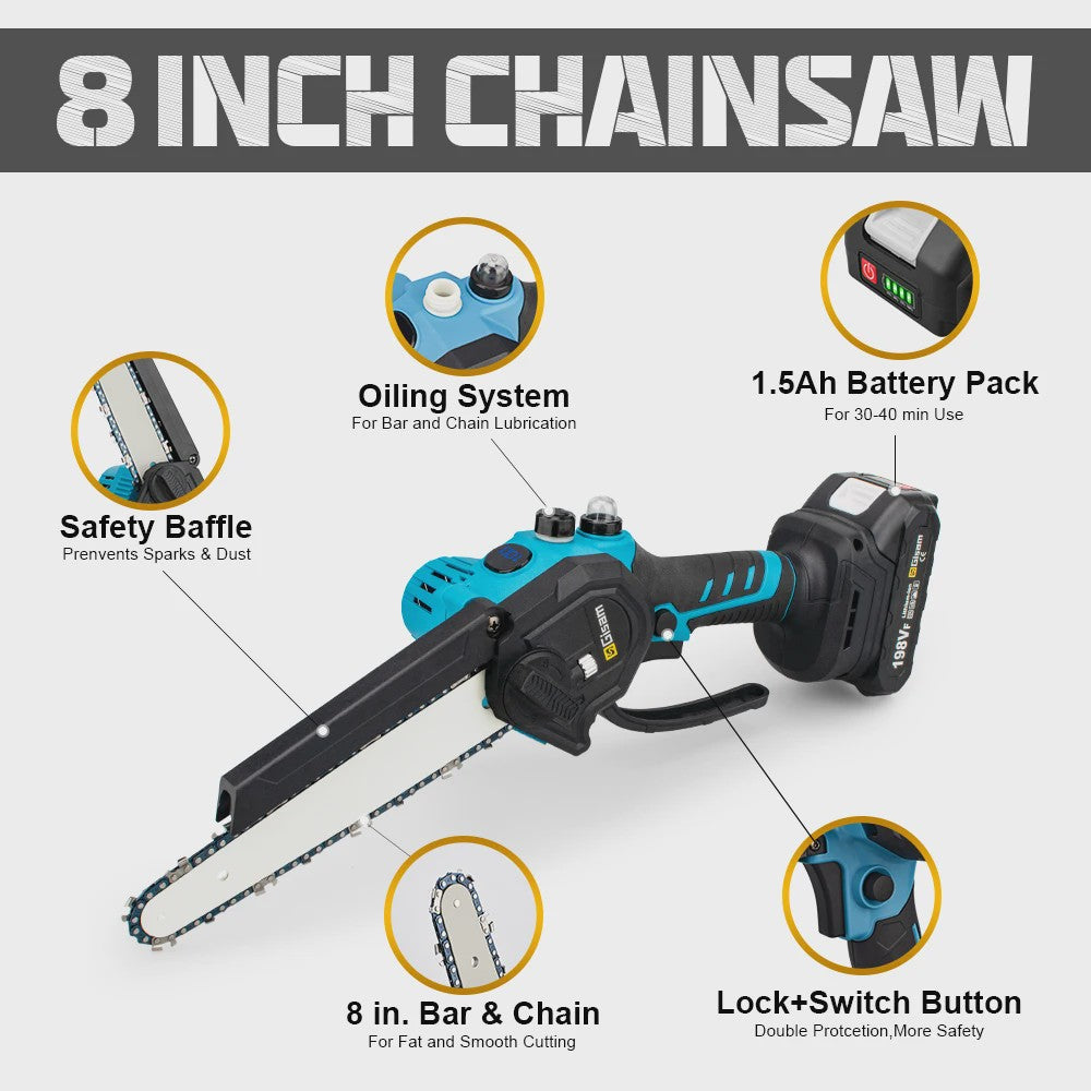 Gisam 8-Inch Snoerloze Kettingzaag - Krachtig, Borstelloos & Makita 18V Compatibel