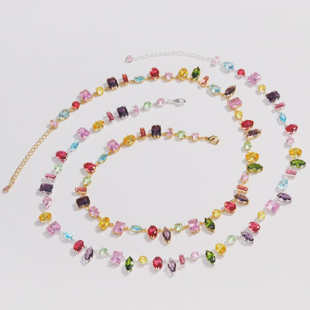 Luxe Goudkleurige Ketting met Kleurrijke Kristallen Zirkonia - Dames Sieraden