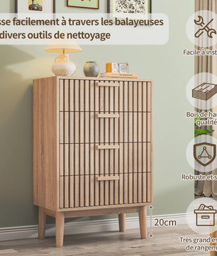 Ladekast met 4 laden, eikenhout look, massief houten poten - Decoratieve opberger voor hal, woonkamer of slaapkamer (60x34x91 cm)
