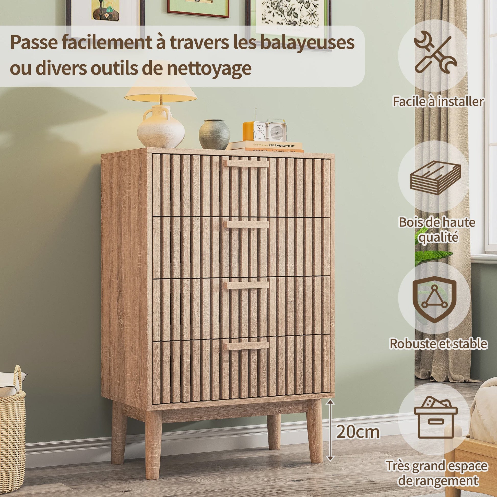 Ladekast met 4 laden, eikenhout look, massief houten poten - Decoratieve opberger voor hal, woonkamer of slaapkamer (60x34x91 cm)