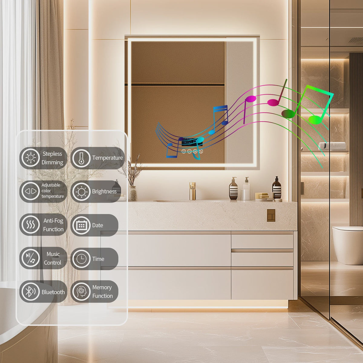 80cm LED Spiegel met Bluetooth, Tijd, Temperatuur & 3 Kleuren Verlichting - Anti-Condens