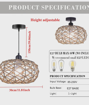 Industriële Rotan Hanglamp 30cm - Vintage Sfeer voor Woonkamer, Eetkamer & Bar