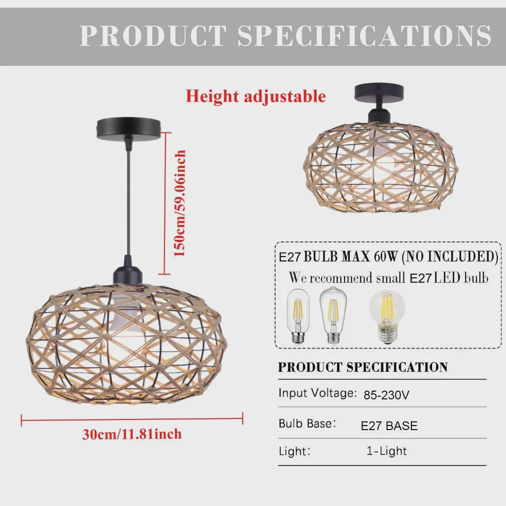 Industriële Rotan Hanglamp 30cm - Vintage Sfeer voor Woonkamer, Eetkamer & Bar