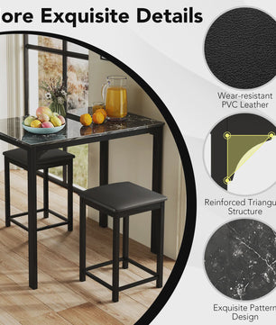 3-Delige Bartafel Set met 2 Krukken - Compact Keuken Tafelblad met Padded Stoelen