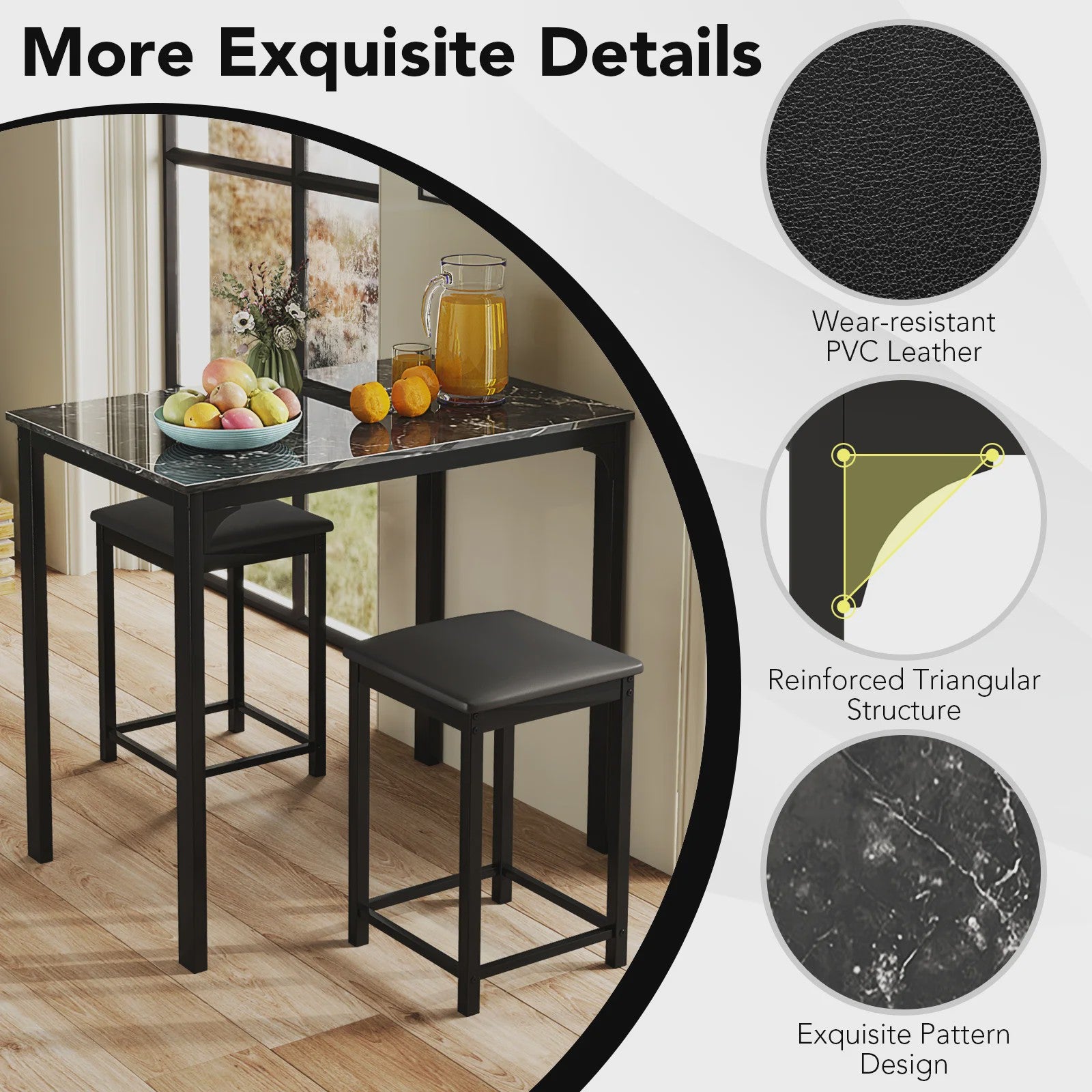 3-Delige Bartafel Set met 2 Krukken - Compact Keuken Tafelblad met Padded Stoelen