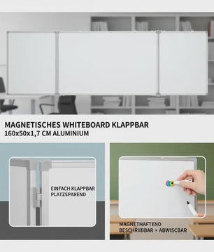 Magnetisch Whiteboard 3 Paneel Klapbaar 160x50 cm Aluminium Frame - Ideaal voor Kantoor, School & Thuis