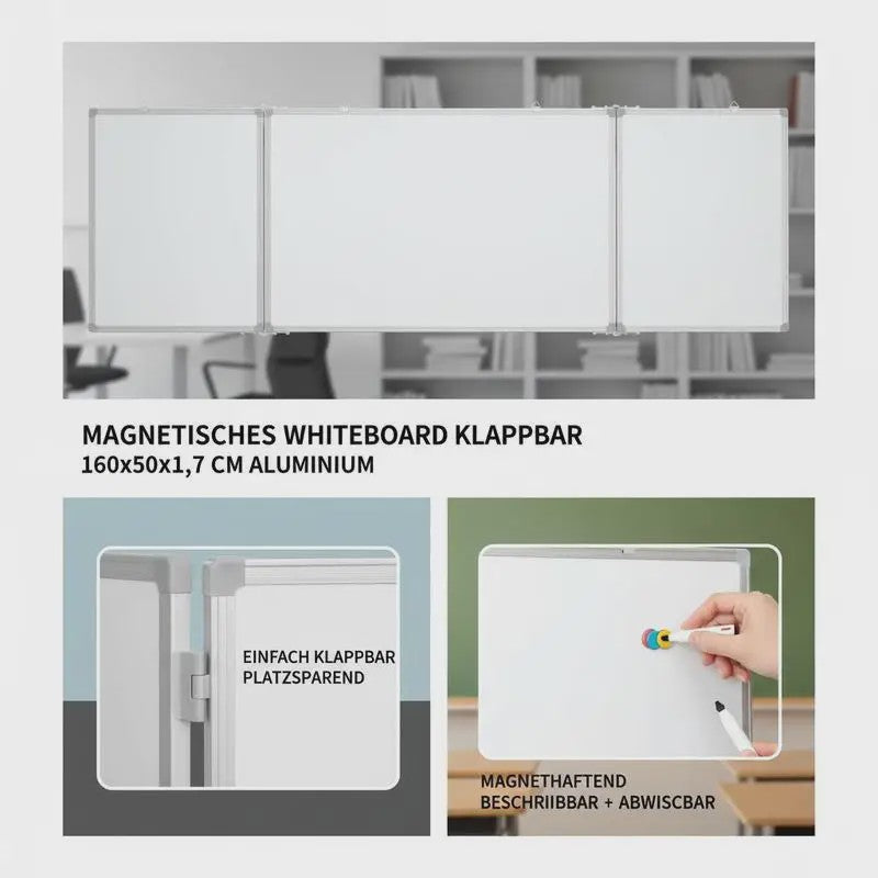 Magnetisch Whiteboard 3 Paneel Klapbaar 160x50 cm Aluminium Frame - Ideaal voor Kantoor, School & Thuis