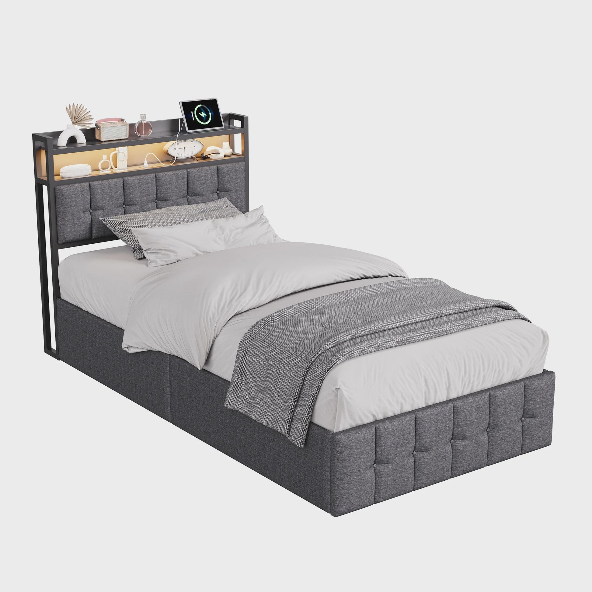Modern Eenpersoons Bed 90x200cm met LED, USB en Opbergruimte