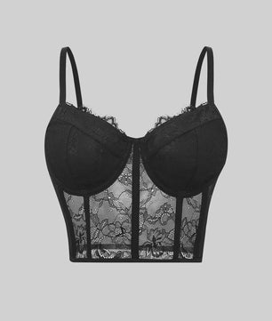 Zwarte Mesh Bustier Crop Top met Push-Up Effect - Elegante Lingerie voor Feestjes
