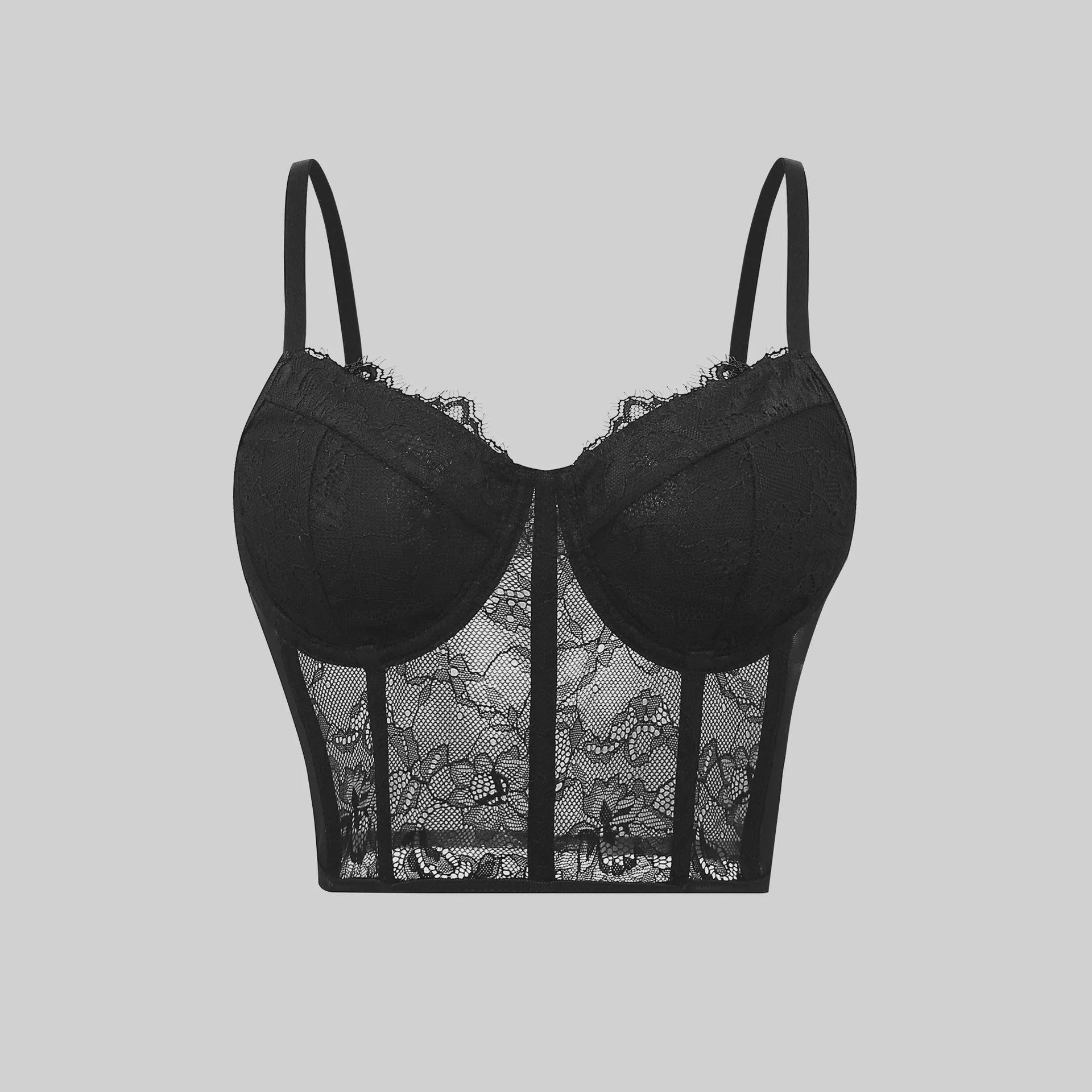 Zwarte Mesh Bustier Crop Top met Push-Up Effect - Elegante Lingerie voor Feestjes