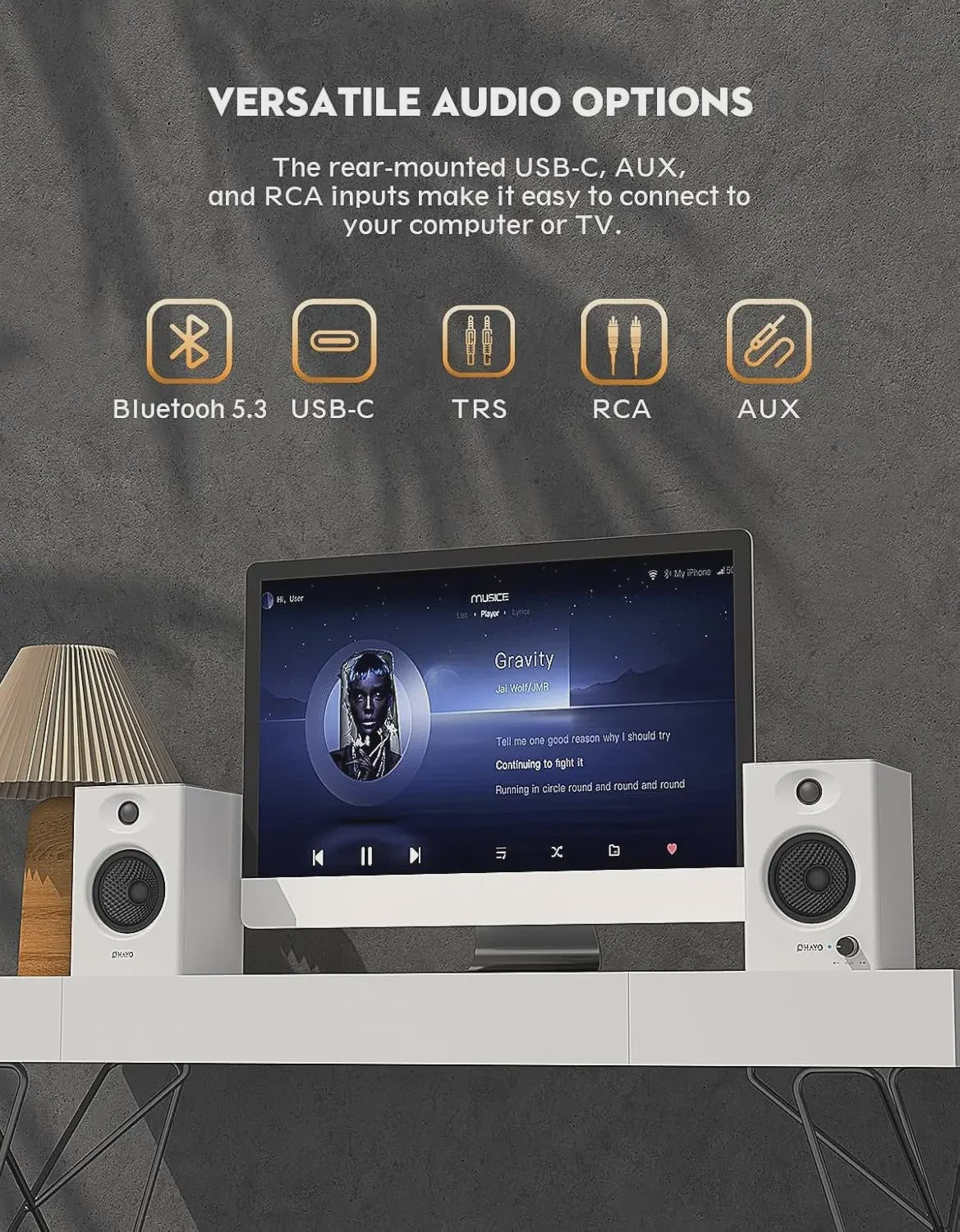 OHAYO C6 Actieve Boekenplank Speakers: 60W, Bluetooth 5.3, Glasvezel Unit, Multi-Input (USB/RCA/AUX) voor PC Gaming