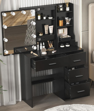 Kaptafel met LED Verlichting, Schuifspiegel en 4 Lades - Make-up Tafel