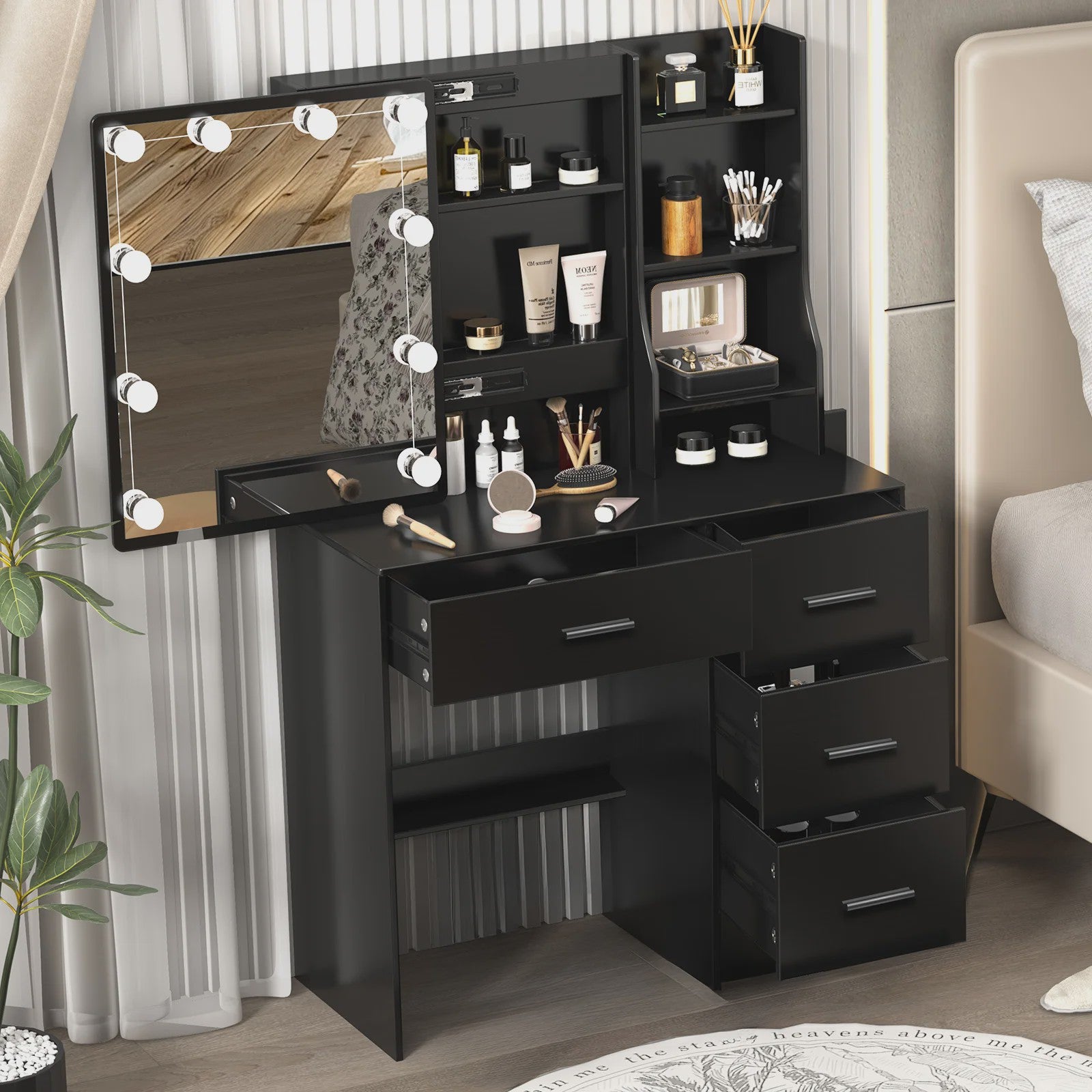 Kaptafel met LED Verlichting, Schuifspiegel en 4 Lades - Make-up Tafel