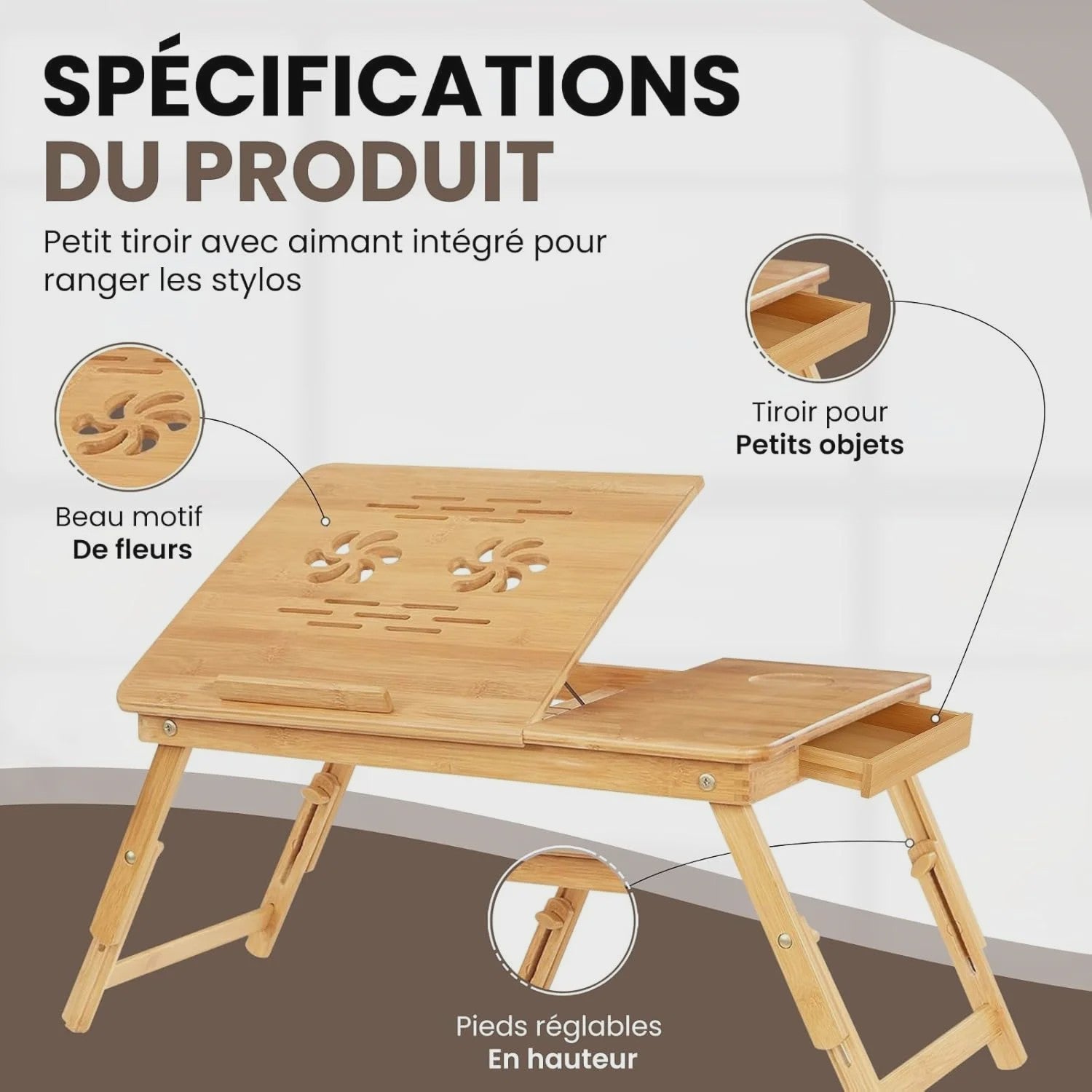 Opklapbare Bamboe Bedtafel met Verstelbare Hoogte & Kantelbaar Bureau - Ideaal voor Laptop, Ontbijt & Lezen