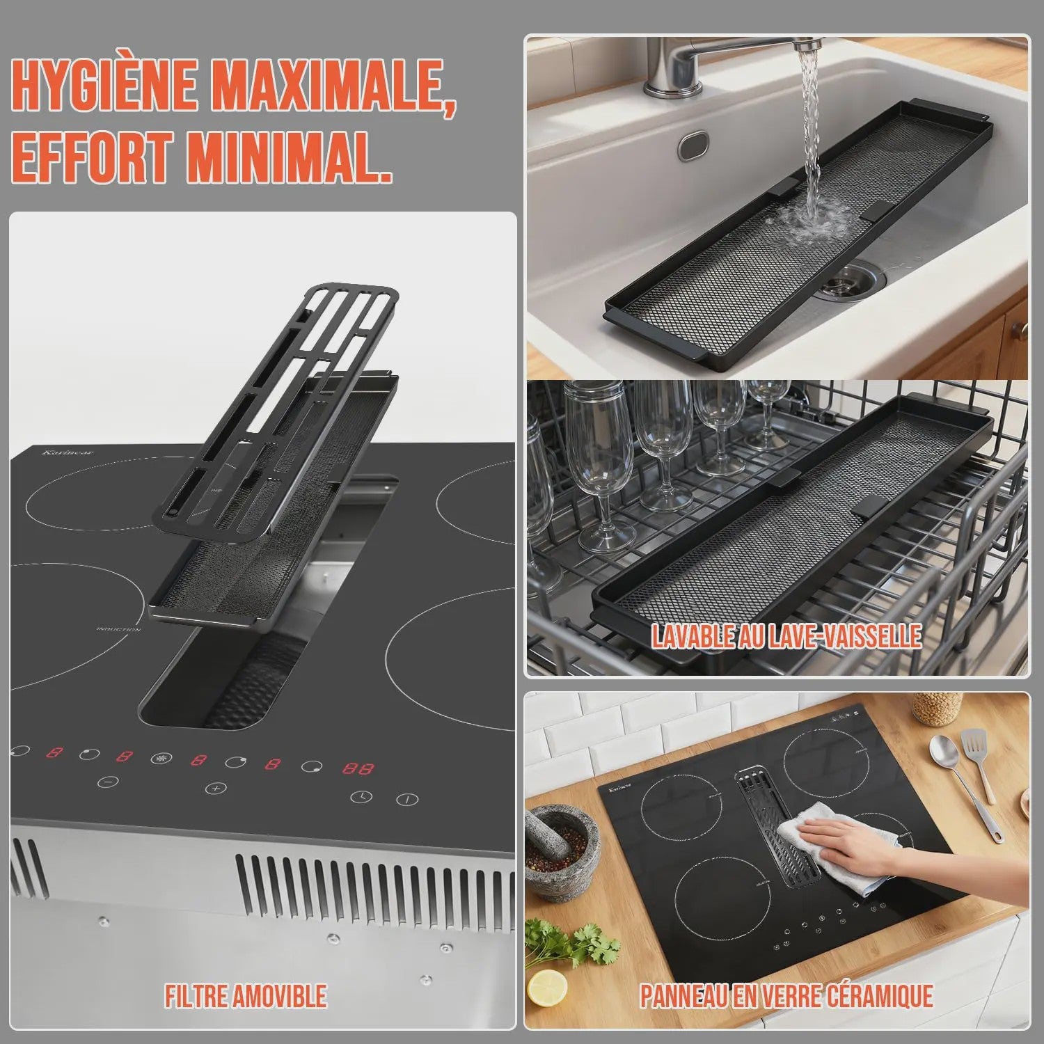 Karinear Inbouw Inductie Kookplaat met Afzuiging - 60cm, 6400W, 9 standen, Timer & Boost