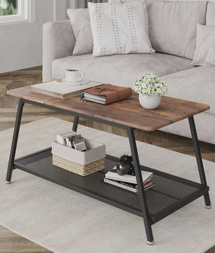 Industriële Salontafel met 2 Lagen - Rustiek Bruin, Vintage Hout & Stevig Metaal - Eenvoudig te Monteren