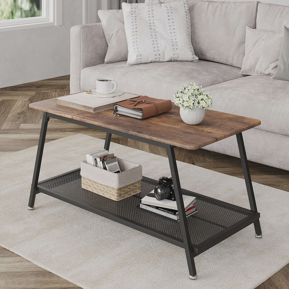 Industriële Salontafel met 2 Lagen - Rustiek Bruin, Vintage Hout & Stevig Metaal - Eenvoudig te Monteren