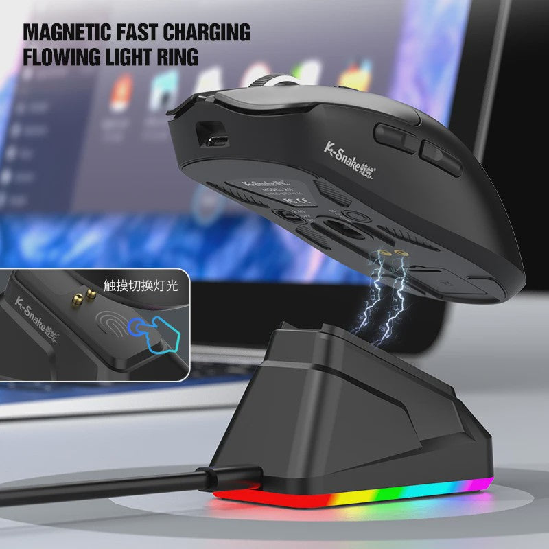 K.Snake X11 Tri-Mode Gaming Muis: 12000 DPI, RGB & Magnetische Oplaadbasis - Draadloos, Bluetooth, 2.4G, Bedraad