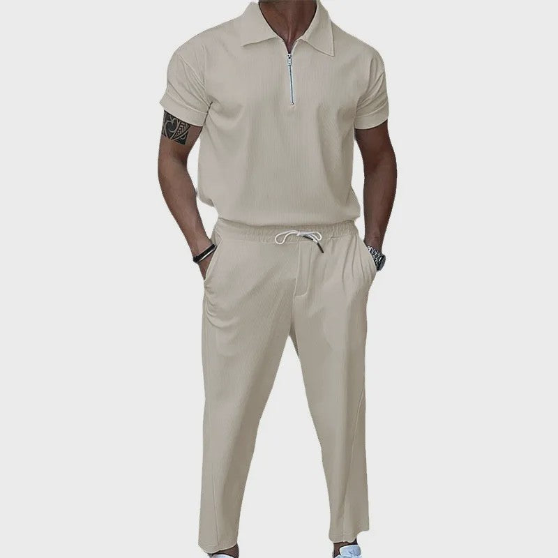 Zomer Heren Pak: Casual Short Sleeve Polo met Rits en Comfortabele Broek