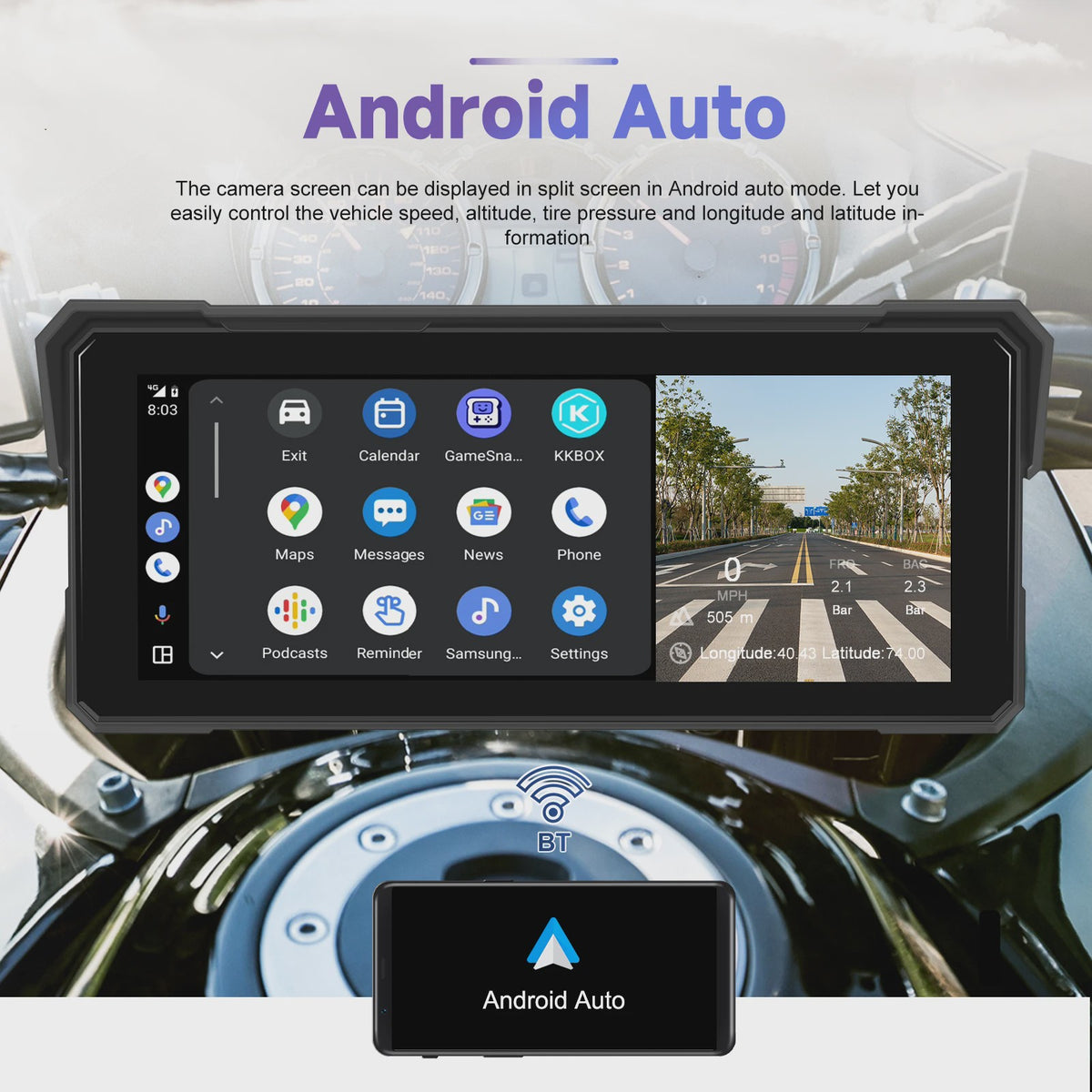 Podofo 8.1" Motorfiets Dashboard: Smart Player met CarPlay, Android Auto & Navigatie