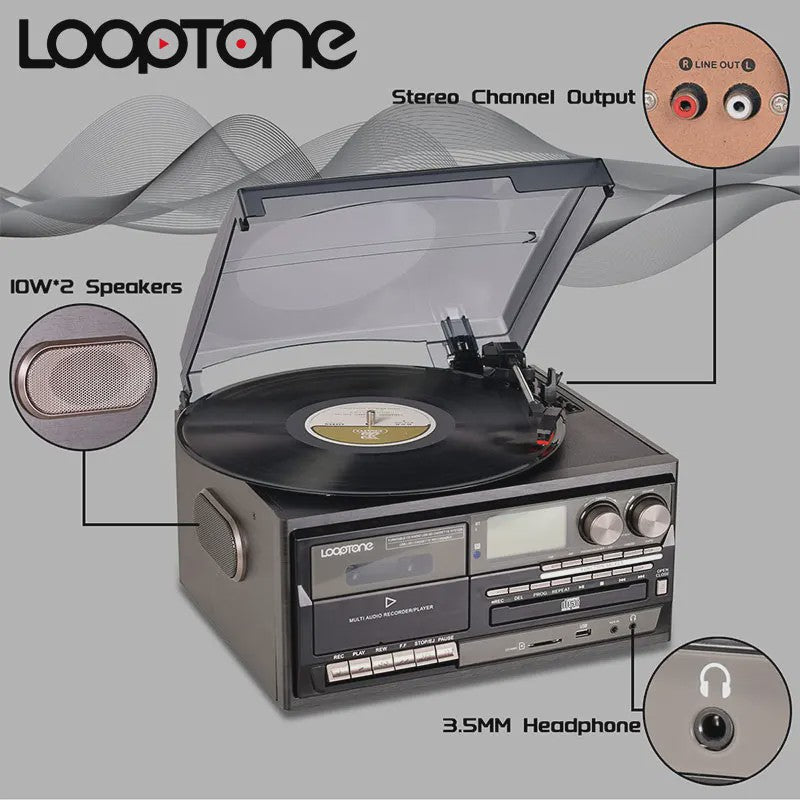 LoopTone Vintage 3-in-1 Platenspeler met Bluetooth, CD, Cassette, Radio & USB Opname