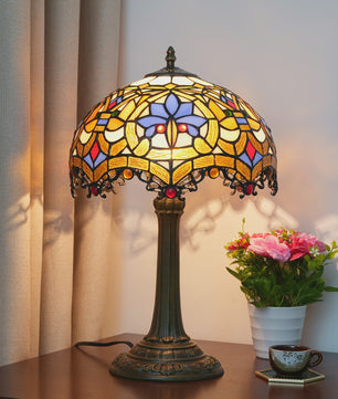 Vintage Gebrandschilderd Glas Tafellamp - Pauwstaart Stijl