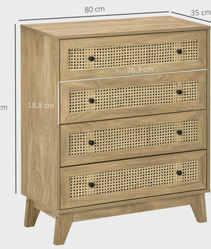 HOMCOM Commode met 4 Lades en Rotan Fronten - 80x35x95 cm - Licht Hout