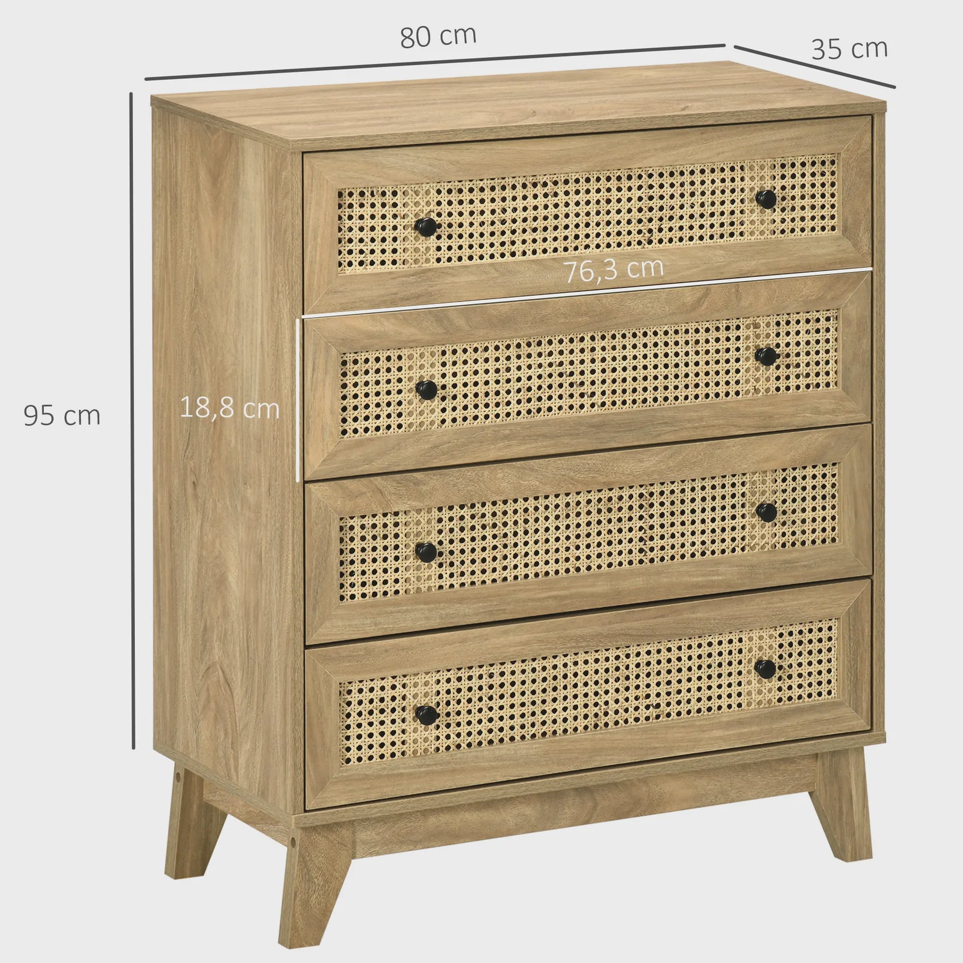 HOMCOM Commode met 4 Lades en Rotan Fronten - 80x35x95 cm - Licht Hout