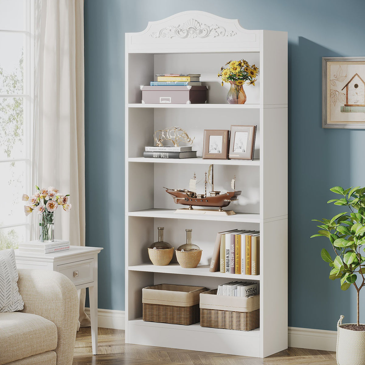 Moderne Witte Boekenkast 5 Lagen - 73 Inch Hoge Boekenkast