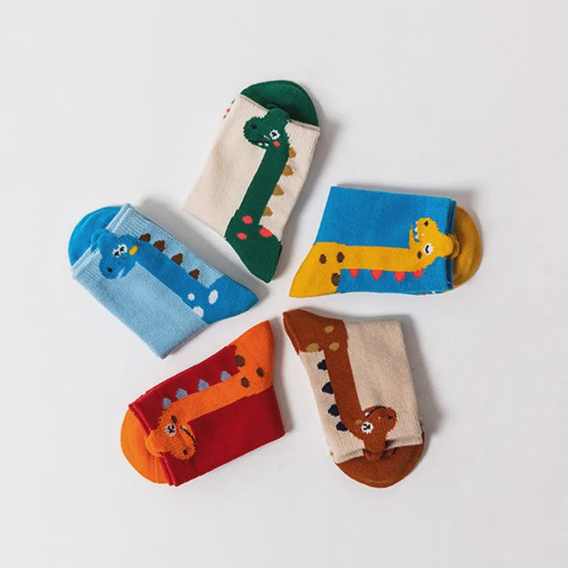 5 Paar Leuke Kindersokken met Dinosaurus Print - Comfortabel en Vrolijk