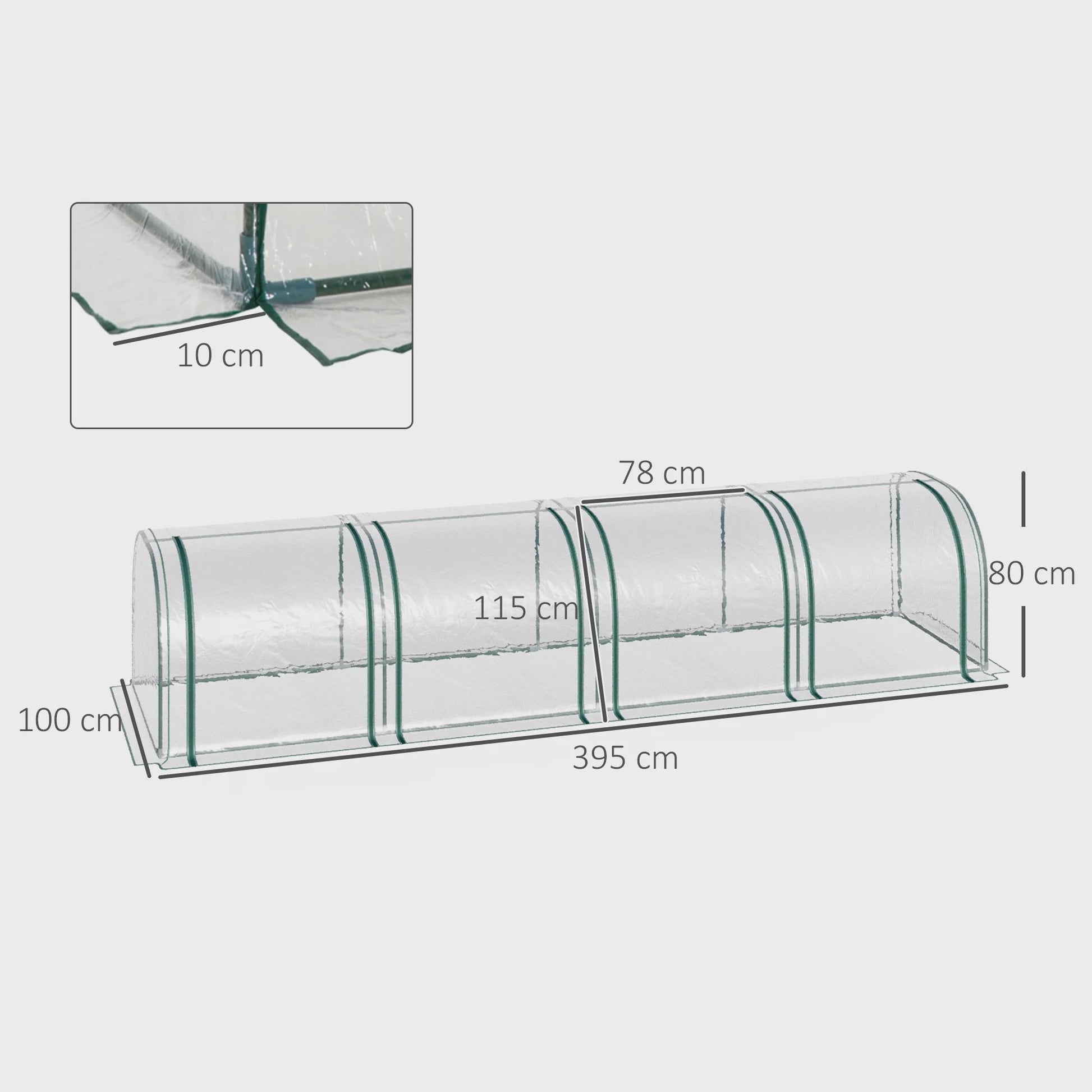 Outsunny Mini Tunnel Kas met Staalframe, UV-bescherming en 4 Roldeuren - 3.95m Lengte