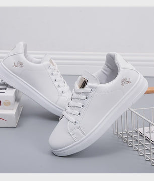 Dames Witte Sneakers met Geborduurde Bloem - Casual Leren Veterschoenen