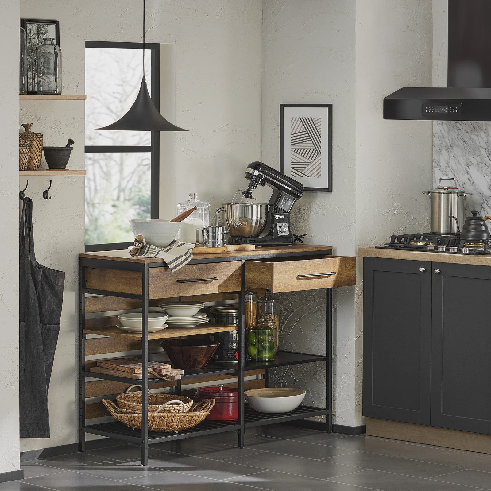 Keuken Eiland Trolley met Lades en Planken - Keukenwagen Sideboard