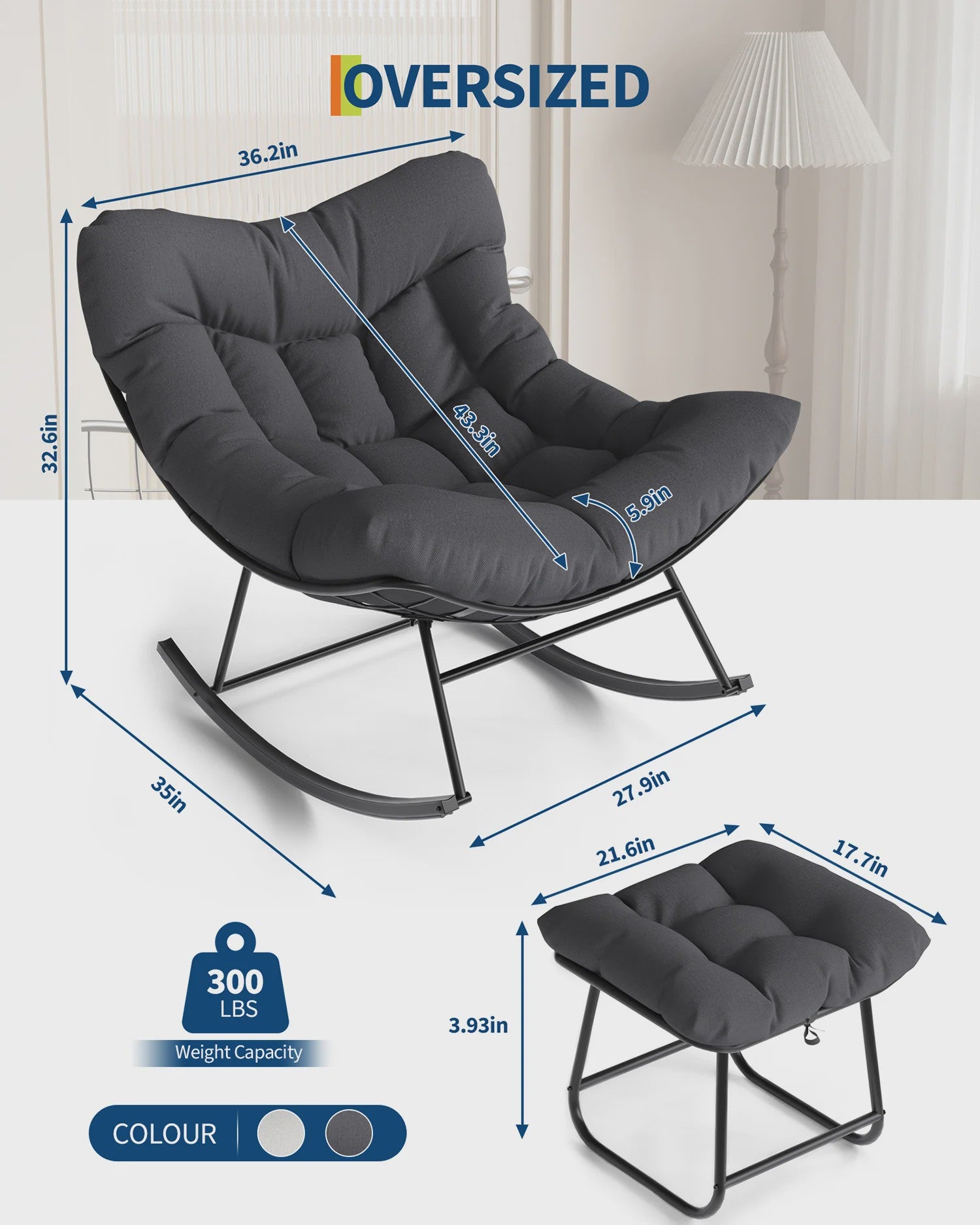 Oversized Papasan Schommelstoel Buiten - Comfortabele Lounge Stoel met Voetenbank