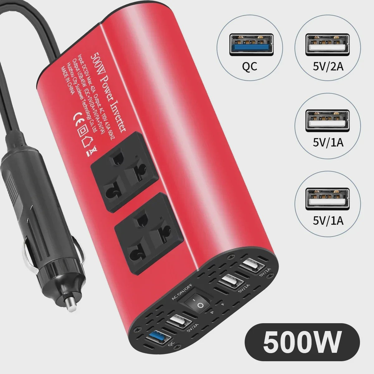 Krachtige 400W/500W/1500W Auto Omvormer: DC 12V naar AC 220V met 3x USB 2.0 en 1x USB QC3.0