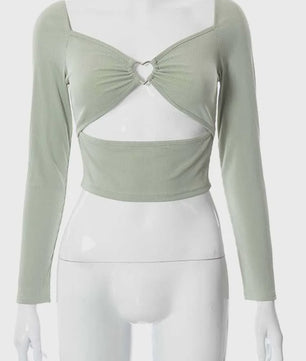 Dames Crop Top met Lange Mouwen, V-hals en Hart Uitsnede - Geribd & Stijlvol