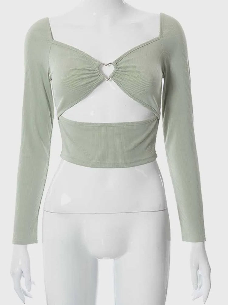 Dames Crop Top met Lange Mouwen, V-hals en Hart Uitsnede - Geribd & Stijlvol