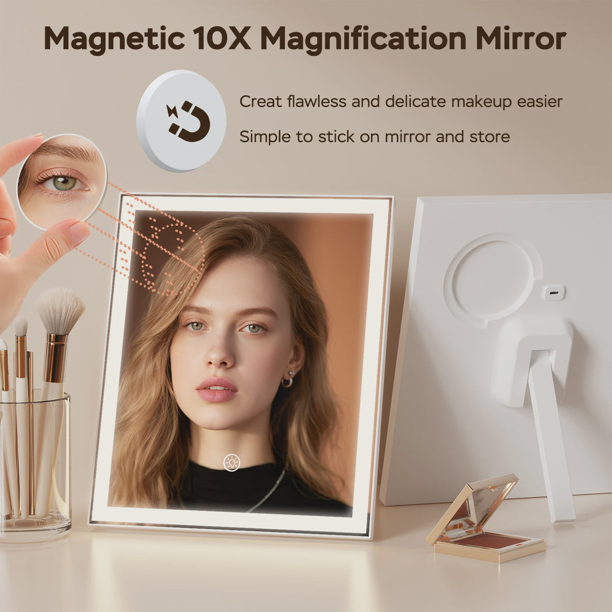 Verstelbare LED Make-up Spiegel met 10x Vergroting, Touchscreen & USB Oplaadbaar - 3 Kleuren & Dimbaar