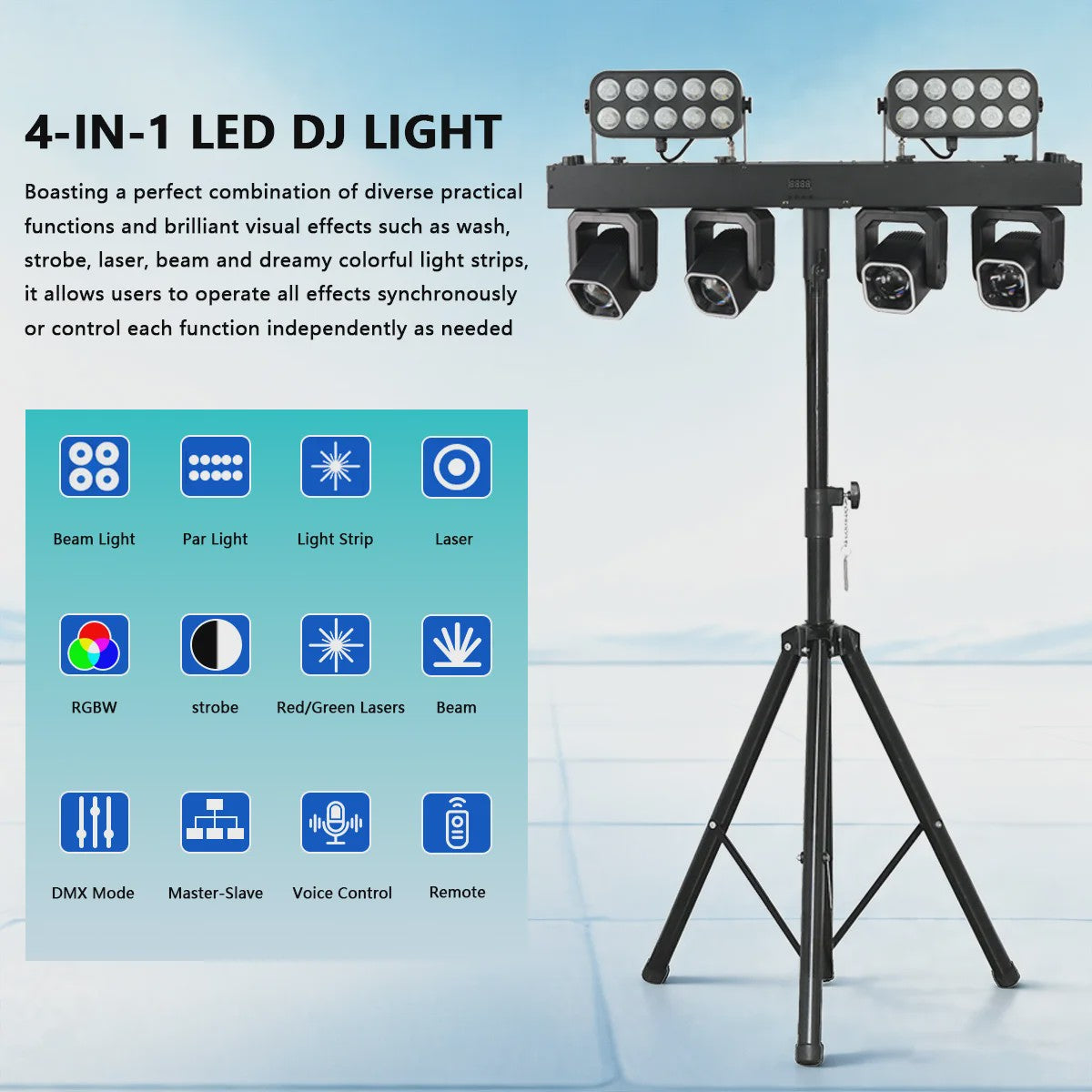 4-in-1 LED DJ Licht Effect Bar: Beam, Wash, Strobe & Ring met Afstandsbediening