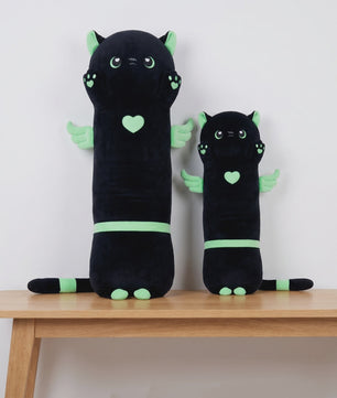 Kawaii Zwarte Kat Pluche Knuffelkussen met Vleugels - Extra Lang Slaapkussen voor Bank of Bed