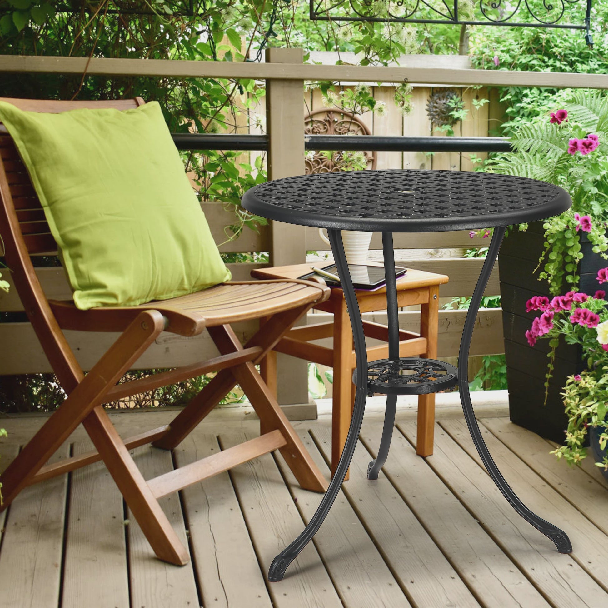 60cm Gietijzeren Bistro Tafel met Paragolhouder - Perfect voor Tuin, Terras & Balkon