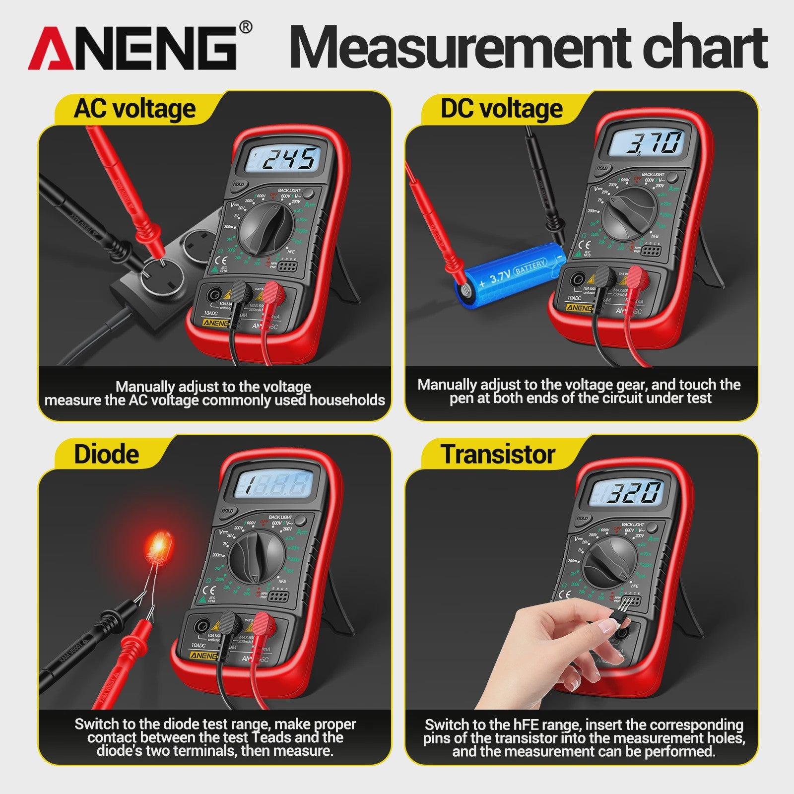 ANENG AN8205C Digitale Multimeter - AC/DC Spanning, Stroom, Weerstand Tester met LCD & Backlight
