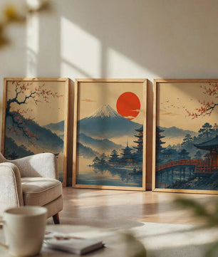 Set van 3 Japanse Muurkunst Prints: Fuji, Torii Poort & Pagode