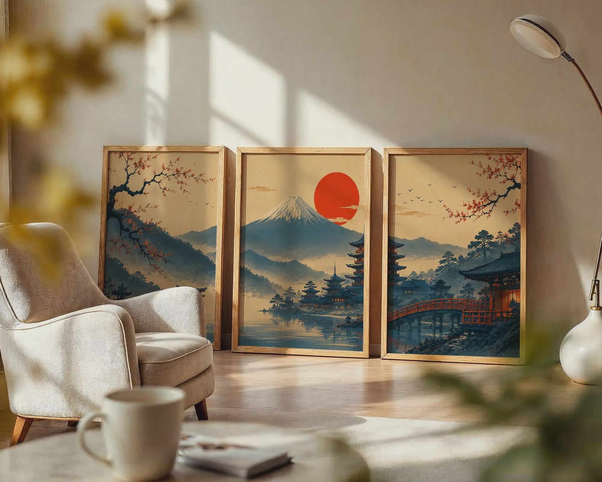 Set van 3 Japanse Muurkunst Prints: Fuji, Torii Poort & Pagode